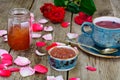 Jam Made of Rose Petals on the Old Wooden Boatds Royalty Free Stock Photo