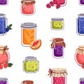 Jam pattern. Conserved fruits, confiture, jelly marmalade in jars, seamless background design. Sweet preserves