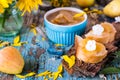 Jam from a pear on pieces of bread and in a bowl Royalty Free Stock Photo