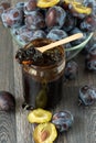 Jam of plum jam, fresh plums for preservation Royalty Free Stock Photo