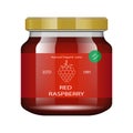 Jam raspberries Glass jar with jam and configure. Vector illustration. Packaging collection. Label for jam. Bank Royalty Free Stock Photo