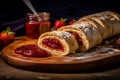 a jam roly poly, elegantly presented on a wooden table.