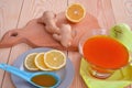 Jam with sea buckthorn juice with ginger and lemon on a wooden background. Conceptual autumn vitamin drink to enhance health and