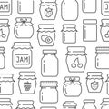 Jam seamless pattern with vector thin line icons. Glass jars with honey, jelly and other canned organic food. Homemade Royalty Free Stock Photo