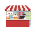 Jam store, flat vector illustration. Supermarket, grocery store canned fruits section. Retail shop small business.