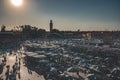 Jamaa el Fna also Jemaa el-Fnaa, Djema el-Fna or Djemaa el-Fnaa is a square and market place in Marrakesh`s medina Royalty Free Stock Photo