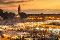 Jamaa el Fna market square in sunset, Marrakesh, Morocco, north Africa. Royalty Free Stock Photo