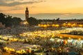 Jamaa el Fna market square in sunset, Marrakesh, Morocco, north Africa. Royalty Free Stock Photo