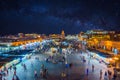 Jamaa el Fna market square in Marrakesh`s medina at night, Marrakech, Morocco Royalty Free Stock Photo