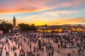 Jamaa el Fna market square in sunset, Marrakesh, Morocco, north Africa. Royalty Free Stock Photo