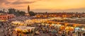Jamaa el Fna market square in sunset, Marrakesh, Morocco, north Africa. Royalty Free Stock Photo