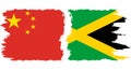 Jamaica and China grunge flags connection vector