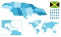 Jamaica detailed administrative blue map with country flag and location on the world map.