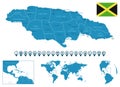 Jamaica - detailed blue country map with cities, regions, location on world map and globe. Infographic icons