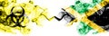 Jamaica, Jamaican Quarantine. Coronavirus COVID-19 lockdown. Smoky mystic flag of Jamaica, Jamaican with biohazard symbol placed