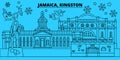 Jamaica, Kingston winter holidays skyline. Merry Christmas, Happy New Year decorated banner with Santa Claus.Jamaica