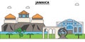 Jamaica outline skyline, jamaician flat thin line icons, landmarks, illustrations. Jamaica cityscape, jamaician travel