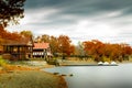 Jamaica Pond boathouse in the autumn season. Royalty Free Stock Photo