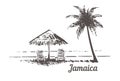 Jamaica sketch sunbeds under the beach umbrella, palm beach. Jamaica hand drawn vintage vector illustration