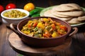jamaican curry with vegetables, on rustic wooden table