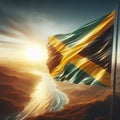 Jamaican flag on flagpole with blue sky with sun background Royalty Free Stock Photo