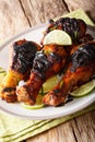 jamaican jerk chicken drumstick with lime closeup on a plate. vertical Royalty Free Stock Photo