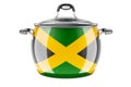 Jamaican national cuisine concept. Jamaican flag painted on the stainless steel stock pot. 3D rendering