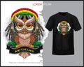 Jamaican owl bird using earphone isolated on black t-shirt