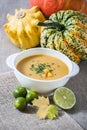 Jamaican pumpkin soup with lime and ginger.