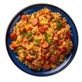 Jambalaya On Blue Smooth Round Plate On Isolated Transparent Background U.S. Dish. Generative AI