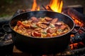 jambalaya bubbling in a pot over crackling open fire
