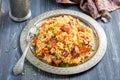 Jambalaya. Spicy rice with smoked sausage and red pepper