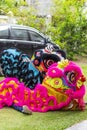 Jambi, Indonesia - January 28, 2017: Lion dance doing acrobatics to celebrate Chinese New Year