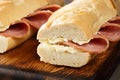 Jambon-beurre is a French ham sandwich made of a fresh baguette sliced open, spread with salty butter, and filled with slices of