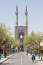 Jameh mosque, with its distinctive tiles minarets, seen from a nearby street. Jameh mosque is one of the symbols of Yazd, Iran