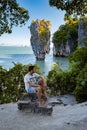 James Bond island near Phuket in Thailand. Famous landmark and famous travel destination, men mid age visititng James Royalty Free Stock Photo