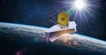 James Webb space telescope in deep space research far galaxies. Space satellite on orbit of Earth planet