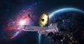 James Webb space telescope. JWST observatory in space. Exploration of space and galaxies.