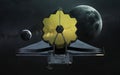 James Webb telescope on the background of the planet Earth and Moon. JWST launch art. Elements of image provided by Nasa