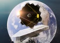 James Webb telescope in outer space near blue planet Earth and moon with lens flare