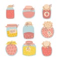 Jamjglass jars set. Collection of different types of homemade jam in cozy jars with fabric lids. Flat hand drawn vector Royalty Free Stock Photo