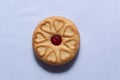 Red centered jam biscuits with a strawberry flavor and on a plain white background