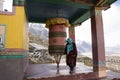 Tibetan praying and rite rotate and spin Prayer wheels in Diskit Monastery or Deskit Gompa in Nubra Valley at Leh Ladakh in India