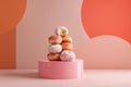 Jammy paczek stack on coral pedestal with bite mark in tiny bakery interior Royalty Free Stock Photo