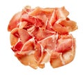 Jamon curado thinly sliced isolated on a white