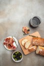 Jamon iberico, spanish ham tapas antipasti. banner, menu, recipe place for text, top view Royalty Free Stock Photo