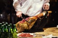 Jamon. Jamon serrano. Traditional Spanish ham on black close up. Royalty Free Stock Photo