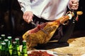 Jamon. Jamon serrano. Traditional Spanish ham on black close up. Royalty Free Stock Photo