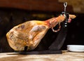 Jamon. Jamon serrano. Traditional Spanish ham on black close up. Royalty Free Stock Photo