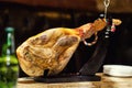 Jamon. Jamon serrano. Traditional Spanish ham on black close up. Royalty Free Stock Photo